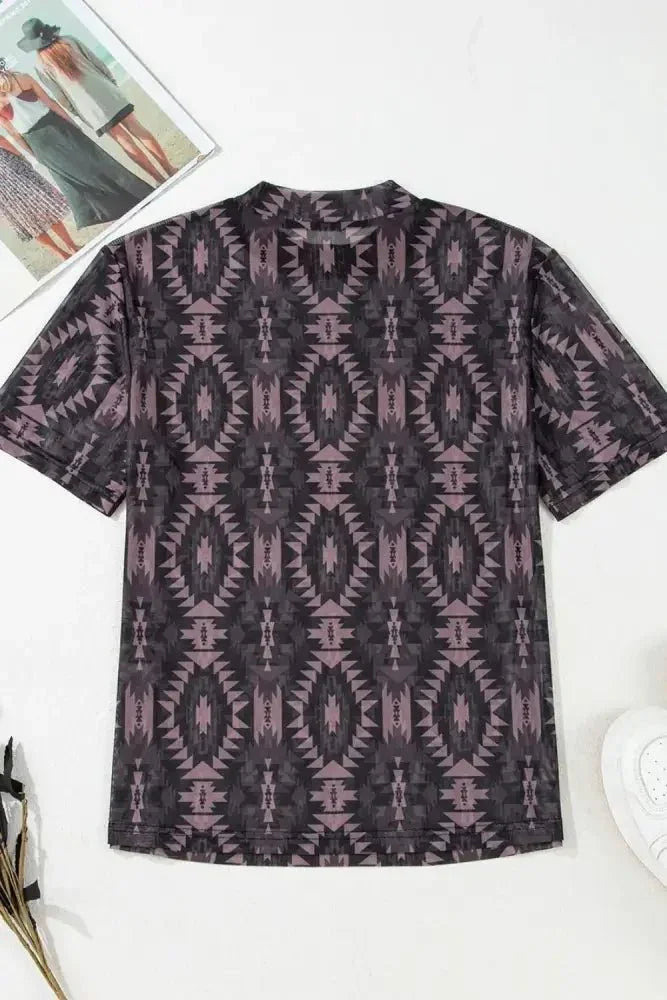Aztec Print Mock Neck Short Sleeve Mesh T Shirt - Update AvenueBoho VibesTrendsi10010098143430410010098143430453dc8d98 - 2f25 - 40a0 - 86b8 - 7d3983be7b50 - Max - OriginCoffee Brown