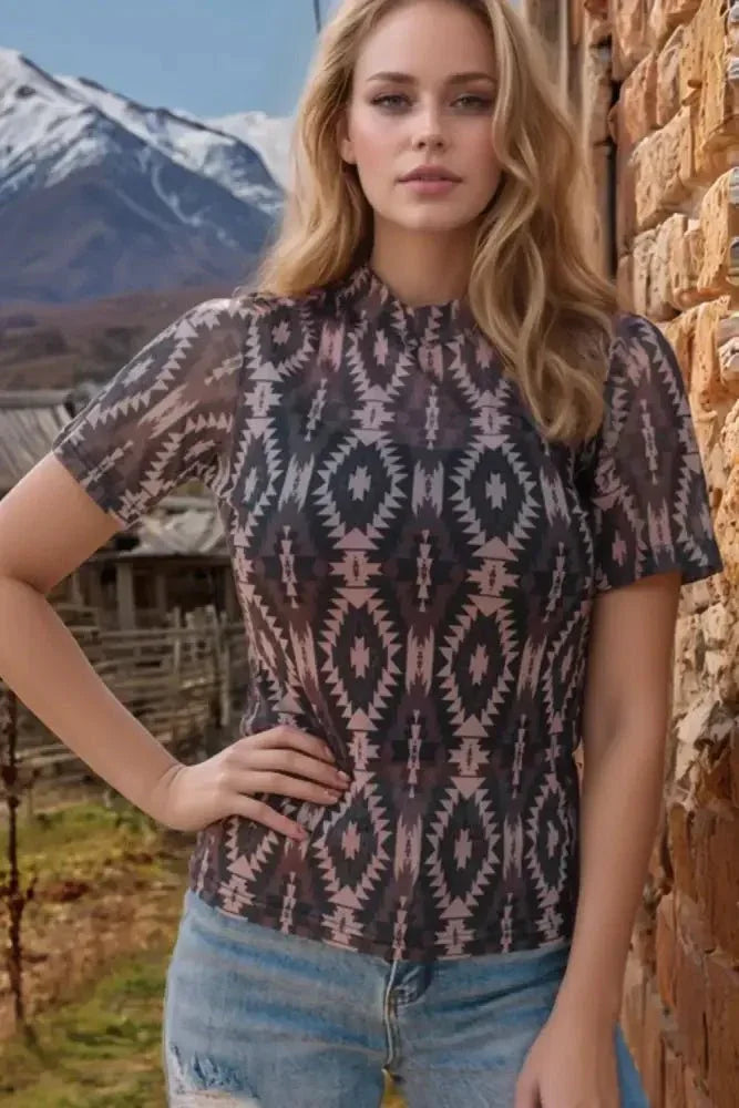 Aztec Print Mock Neck Short Sleeve Mesh T Shirt - Update AvenueBoho VibesTrendsi100100981434304100100981434304ceec701a - 4df6 - 4036 - b633 - 21dbfd31f364 - Max - OriginCoffee Brown