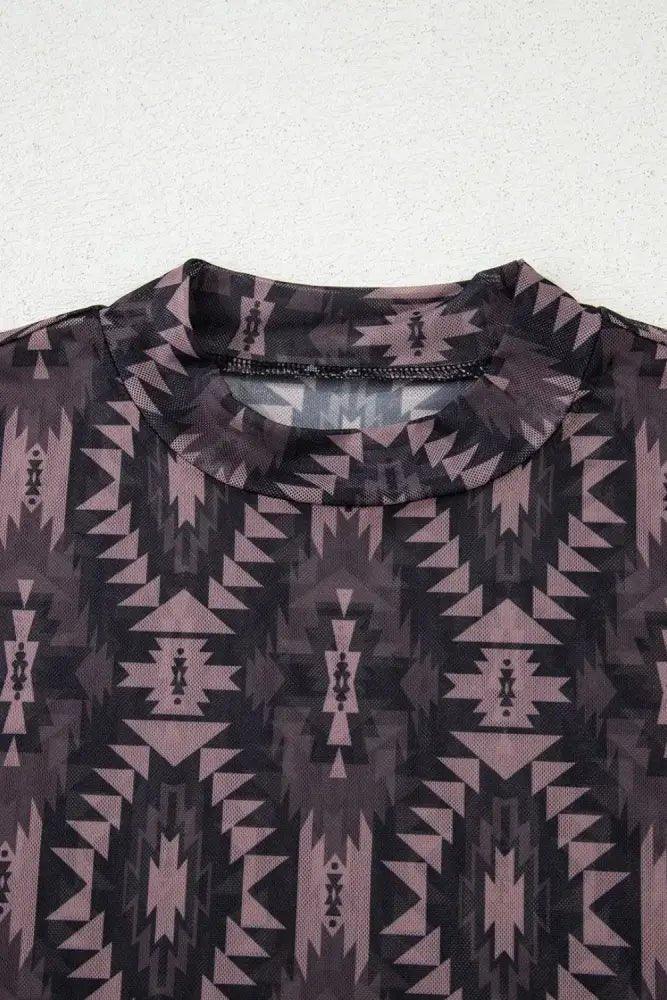 Aztec Print Mock Neck Short Sleeve Mesh T Shirt - Update AvenueBoho VibesTrendsi1001009814343041001009814343043d6604a0 - d1de - 4b6e - 9c1e - 28fe768011be - Max - OriginCoffee Brown