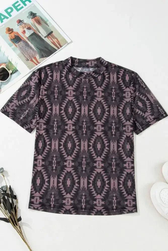 Aztec Print Mock Neck Short Sleeve Mesh T Shirt - Update AvenueBoho VibesTrendsi100100981434304100100981434304dda3b35d - 0751 - 4bd4 - 93da - 7ebe6b537e57 - Max - OriginCoffee Brown