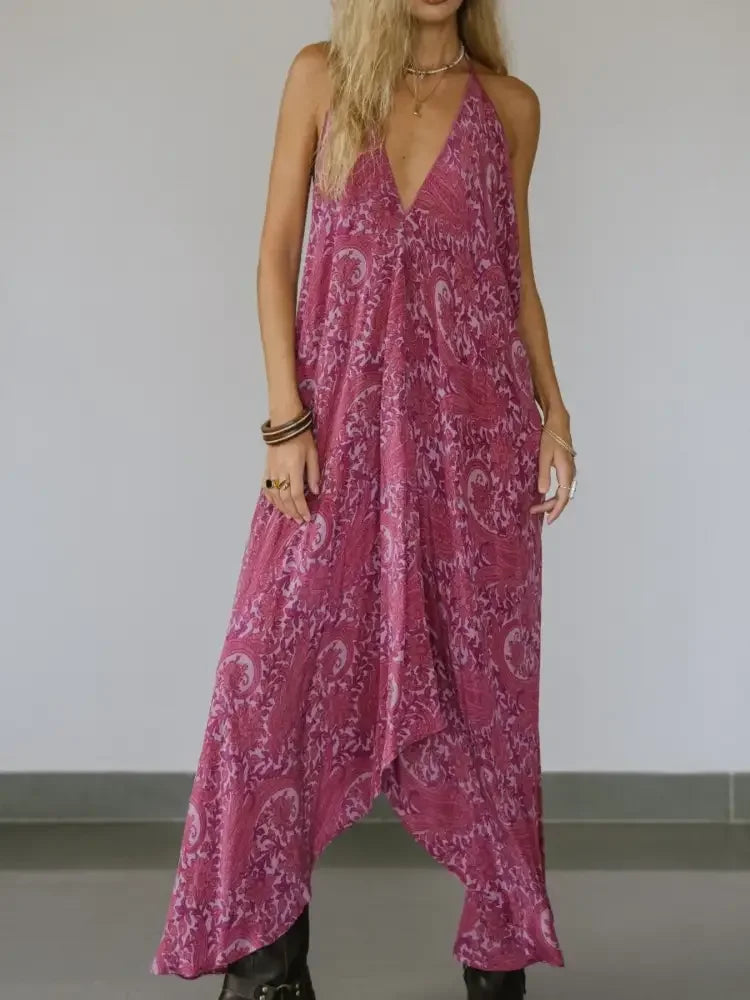 Backless Printed Halter Neck Maxi Dress