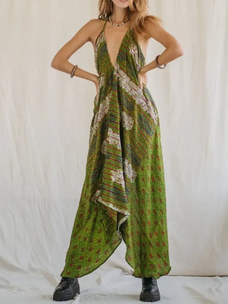 Backless Printed Halter Neck Maxi Dress