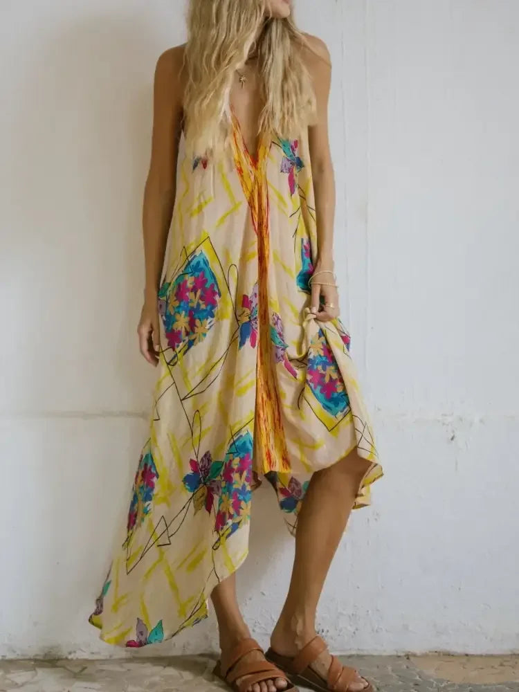 Backless Printed Halter Neck Maxi Dress