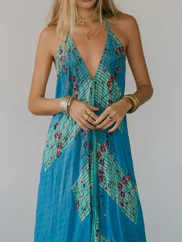 Backless Printed Halter Neck Maxi Dress