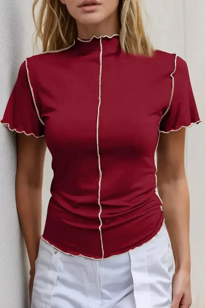 Basic Bae Contrast Trim Mock Neck Short Sleeve T-Shirt - Update AvenueVacation StyleTrendsi1001000169921801001000169921806f670428 - 99ed - 45bd - 972b - beb0d9a47b0e - MaxDeep Red