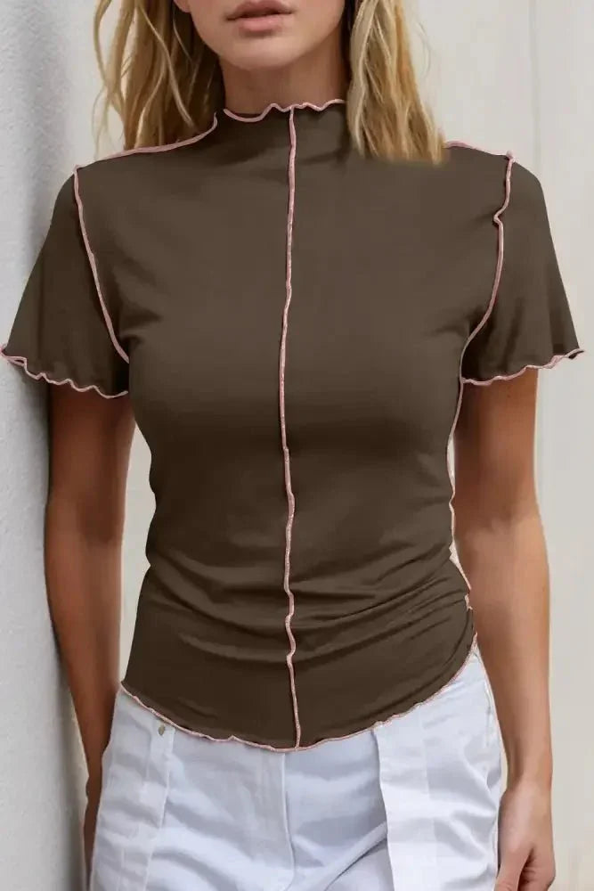 Basic Bae Contrast Trim Mock Neck Short Sleeve T-Shirt - Update AvenueVacation StyleTrendsi100100016999638100100016999638dcecef0b - 33ed - 42fe - 85fe - 42370a96fff5 - MaxChocolate