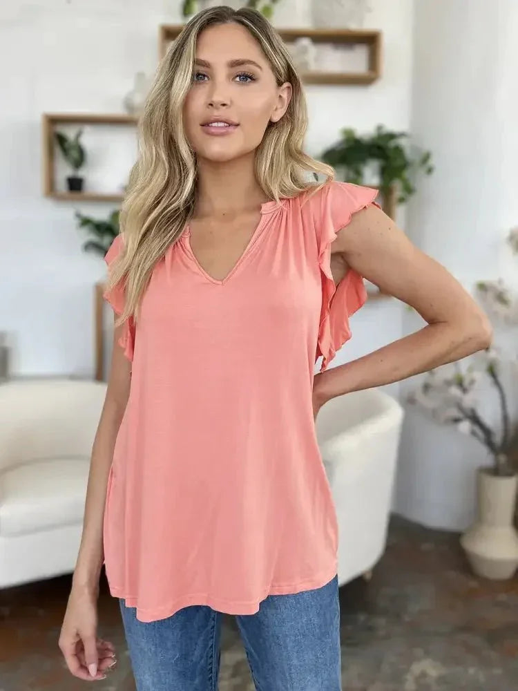Basic Bae Full Size Bamboo Notched Ruffled Short Sleeve T-Shirt - Update AvenueT-ShirtsTrendsi100100187182507100100187182507f9015de4 - 7f86 - 4d89 - 964e - 36ba6e4e3102 - MaxBlush Pink