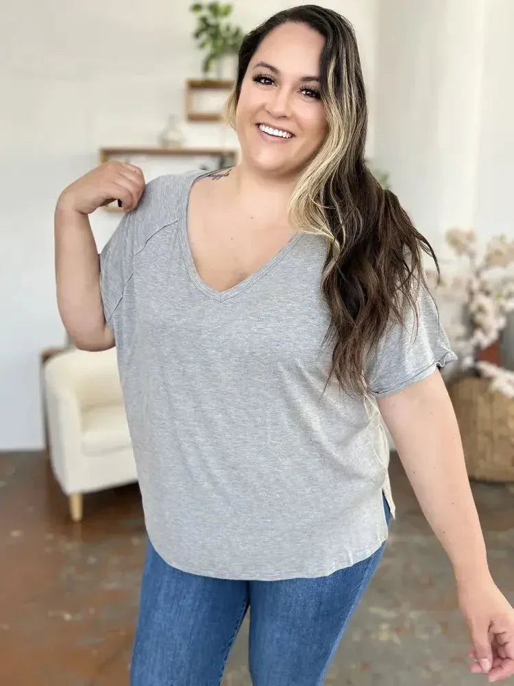 Basic Bae Full Size Bamboo Slit V - Neck Short Sleeve T-Shirt - Update AvenueT-ShirtsTrendsi1001007350113341001007350113349b2a5cd7 - 6ab2 - 4979 - af59 - be989febc328 - MaxGray