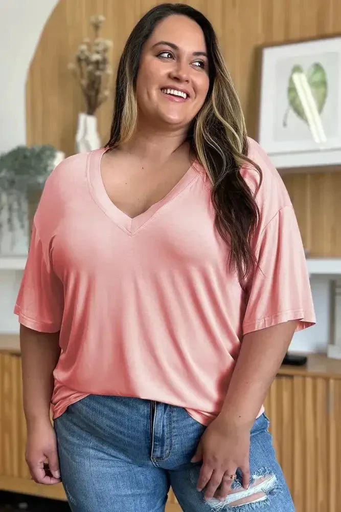 Basic Bae Full Size Bamboo V - Neck Drop Shoulder T-Shirt - Update AvenueT-ShirtsTrendsi1001003282013241001003282013246b202867 - cd32 - 4b23 - a1fe - 65bef0e36b2d - MaxBlush Pink