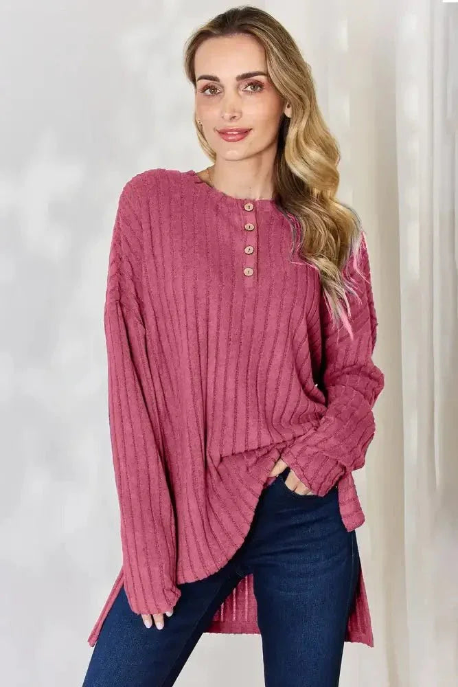 Basic Bae Full Size Ribbed Half Button Long Sleeve High - Low T-Shirt - Update AvenueT-ShirtsTrendsi100101401231958100101401231958147ac92d - f399 - 495b - b548 - d98947d4e45f - MaxHot Pink