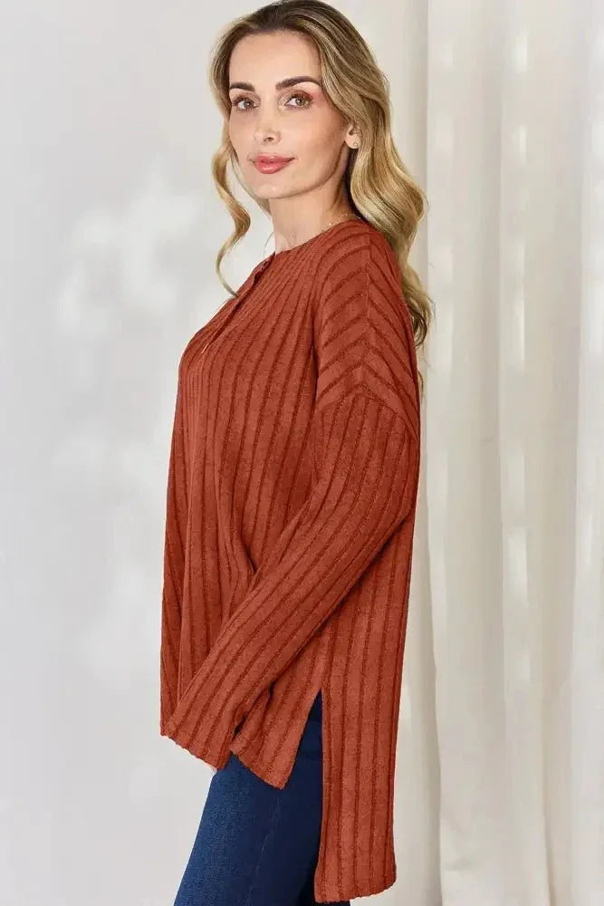 Basic Bae Full Size Ribbed Half Button Long Sleeve High - Low T-Shirt - Update AvenueT-ShirtsTrendsi100101401232405100101401232405f48ad40c - e065 - 46b9 - bbb7 - f17e9b5ddf78 - MaxRust