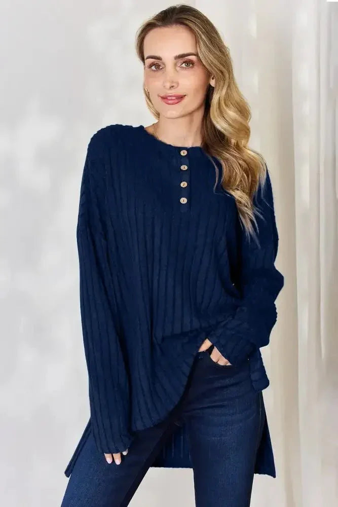 Basic Bae Full Size Ribbed Half Button Long Sleeve High - Low T-Shirt - Update AvenueT-ShirtsTrendsi1001014012331411001014012331411f8f14b1 - 6938 - 47f8 - a958 - fe200931965a - MaxDark Blue