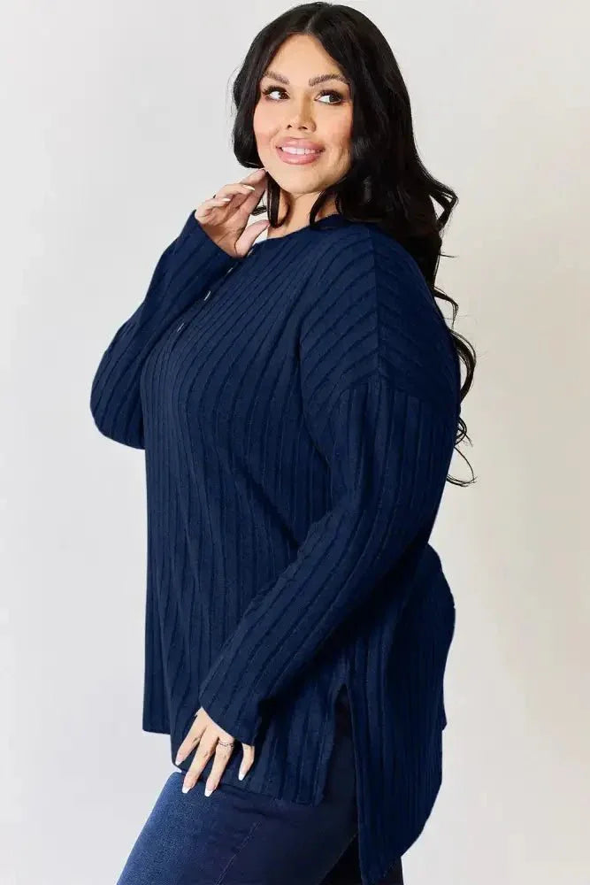 Basic Bae Full Size Ribbed Half Button Long Sleeve High - Low T-Shirt - Update AvenueT-ShirtsTrendsi100101401233141100101401233141f163d8a7 - a8b1 - 4146 - b48b - e90878c67796 - MaxDark Blue