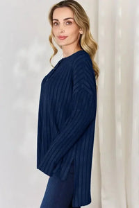 Basic Bae Full Size Ribbed Half Button Long Sleeve High - Low T-Shirt - Update AvenueT-ShirtsTrendsi100101401233141100101401233141560ee27b - 23be - 4f24 - bf24 - d6ee6335fc2c - MaxDark Blue