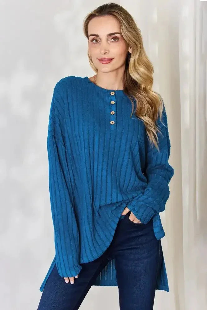 Basic Bae Full Size Ribbed Half Button Long Sleeve High - Low T-Shirt - Update AvenueT-ShirtsTrendsi100101401238847100101401238847c338932d - e829 - 4415 - accf - 1298d1e6120a - MaxSky Blue