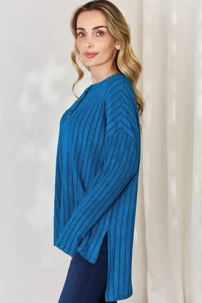 Basic Bae Full Size Ribbed Half Button Long Sleeve High - Low T-Shirt - Update AvenueT-ShirtsTrendsi1001014012388471001014012388475ce402fd - 588c - 4040 - b329 - cb880ae4c7f5 - MaxSky Blue