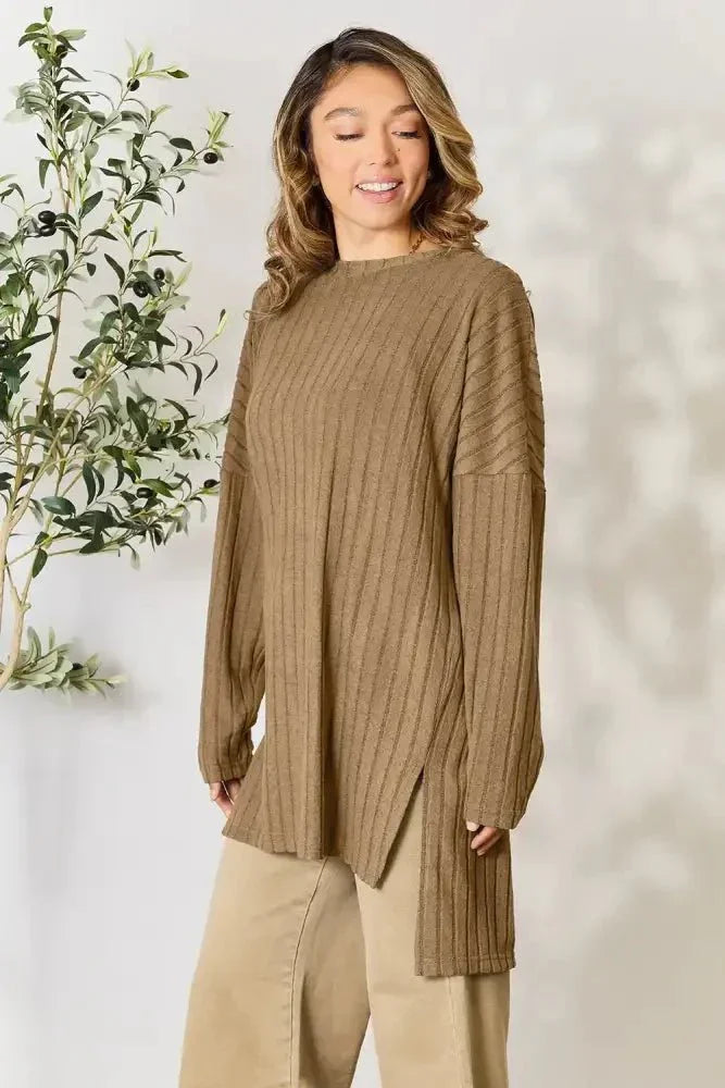 Basic Bae Full Size Ribbed Round Neck Long Sleeve Slit Top - Update AvenueT-ShirtsTrendsi100101987142006100101987142006166c39afe70f426fa7b914012076775b - MaxKhaki