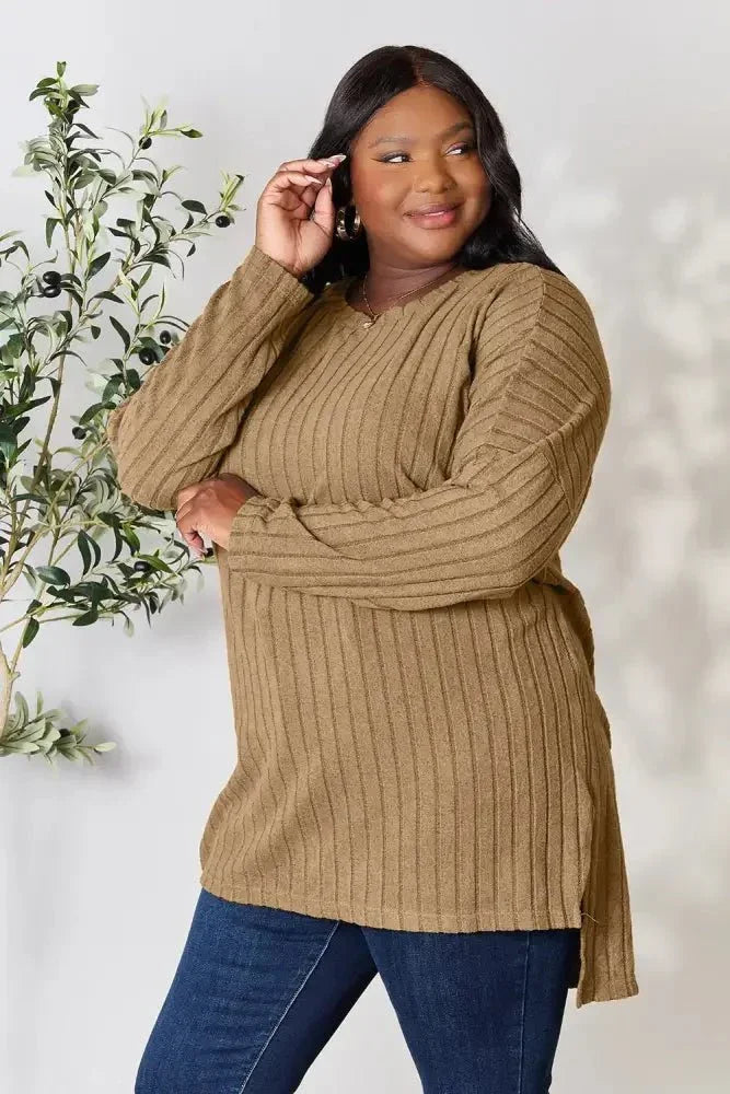 Basic Bae Full Size Ribbed Round Neck Long Sleeve Slit Top - Update AvenueT-ShirtsTrendsi100101987142006100101987142006a29a3ebfb5b046f6b7e0cfa65a89aea7 - MaxKhaki
