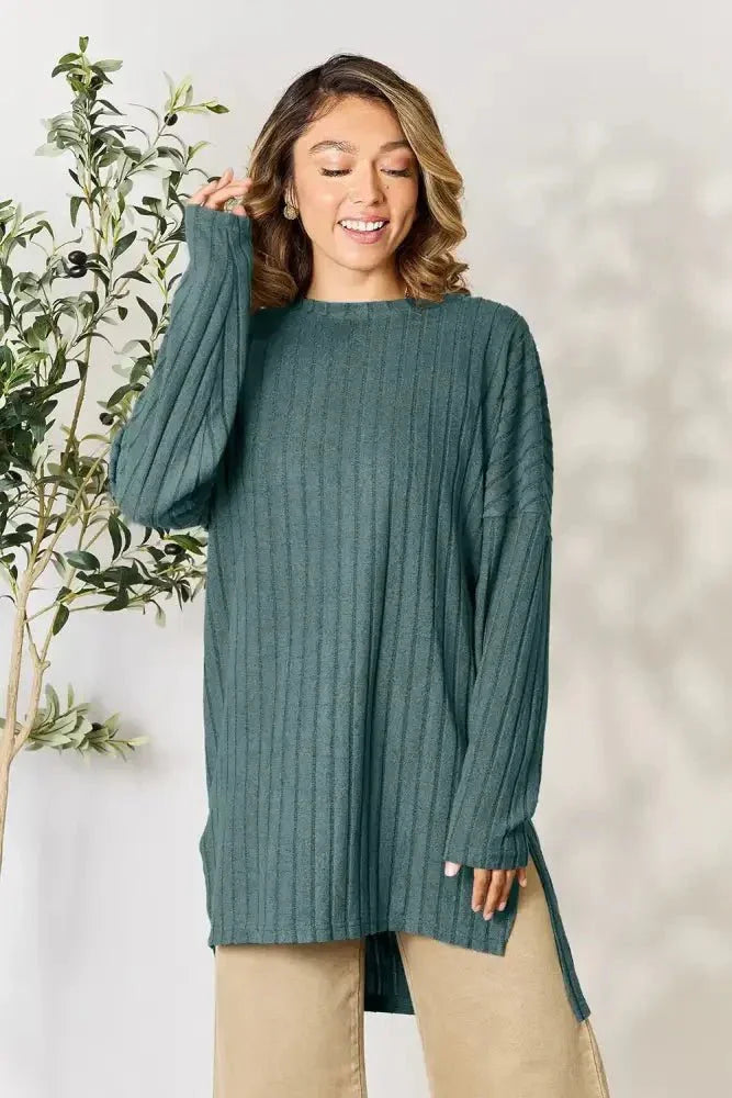 Basic Bae Full Size Ribbed Round Neck Long Sleeve Slit Top - Update AvenueT-ShirtsTrendsi100101987144034100101987144034174dcf14853a495d916fcb25fa1ced6d - MaxTeal