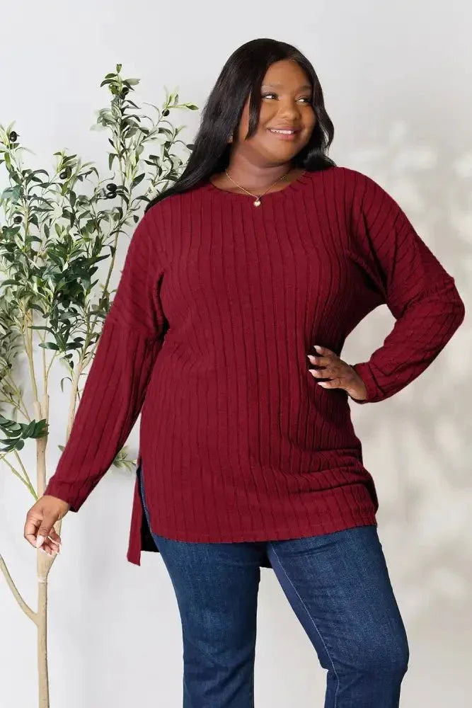 Basic Bae Full Size Ribbed Round Neck Long Sleeve Slit Top - Update AvenueT-ShirtsTrendsi100101987144704100101987144704db3df915faf14d24ba40b7274c8cd40e - MaxBurgundy