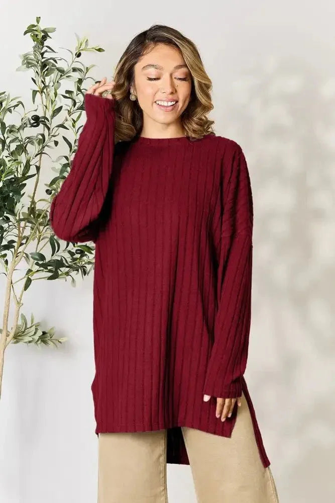 Basic Bae Full Size Ribbed Round Neck Long Sleeve Slit Top - Update AvenueT-ShirtsTrendsi10010198714470410010198714470429b1894386d7426da5ecf38b4e86b531 - MaxBurgundy