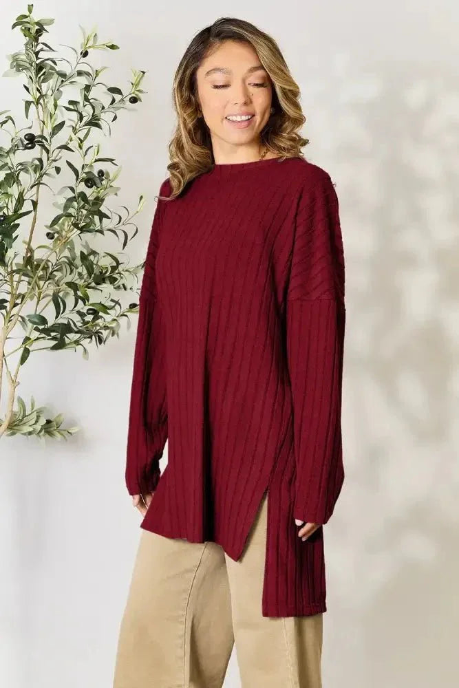 Basic Bae Full Size Ribbed Round Neck Long Sleeve Slit Top - Update AvenueT-ShirtsTrendsi100101987144704100101987144704aa37fe966458489fac7cb839bcb854a3 - MaxBurgundy
