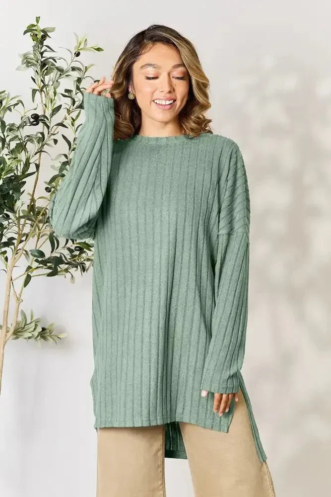 Basic Bae Full Size Ribbed Round Neck Long Sleeve Slit Top - Update AvenueT-ShirtsTrendsi100101987144897100101987144897d46b4ca94f0c4fca9d012b63ac93b092 - MaxLight Green