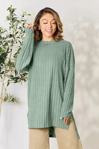 Basic Bae Full Size Ribbed Round Neck Long Sleeve Slit Top - Update AvenueT-ShirtsTrendsi100101987144897100101987144897d46b4ca94f0c4fca9d012b63ac93b092 - MaxLight Green
