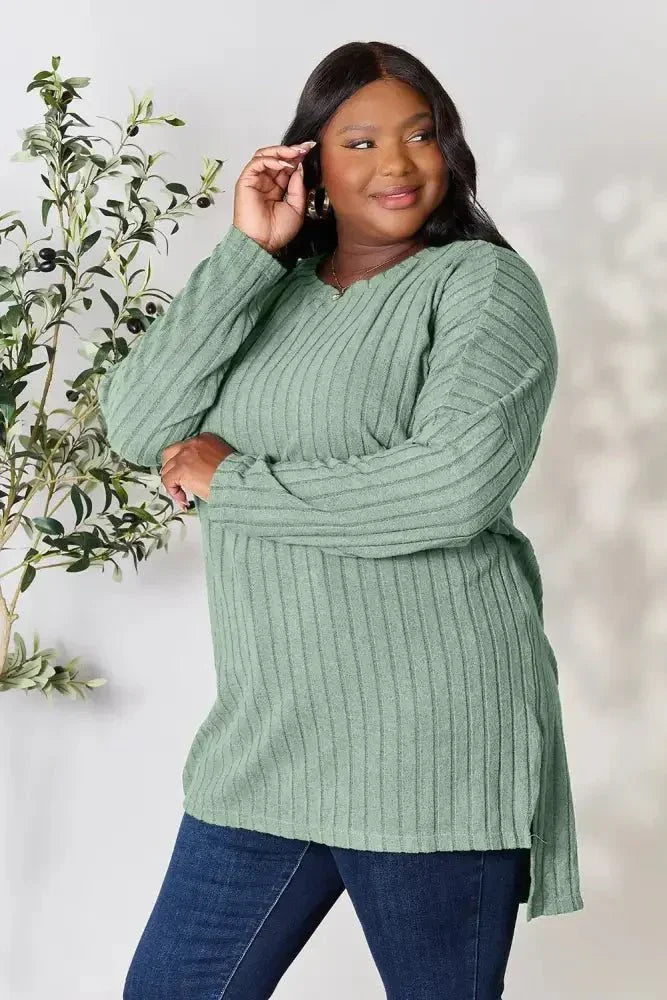 Basic Bae Full Size Ribbed Round Neck Long Sleeve Slit Top - Update AvenueT-ShirtsTrendsi10010198714489710010198714489736671ed65a4a4e2897c0f1d1d2d8b83d - MaxLight Green