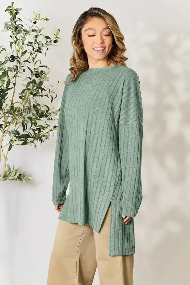 Basic Bae Full Size Ribbed Round Neck Long Sleeve Slit Top - Update AvenueT-ShirtsTrendsi100101987144897100101987144897e9b6e0b29854497aa8b8c41d94a47b57 - MaxLight Green