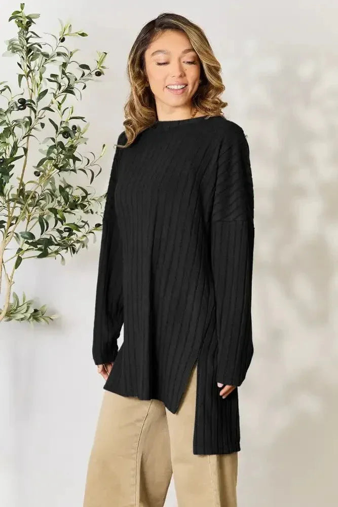 Basic Bae Full Size Ribbed Round Neck Long Sleeve Slit Top - Update AvenueT-ShirtsTrendsi100101987145667100101987145667431f19e3c73c41a4b88144df54b65db4 - MaxBlack