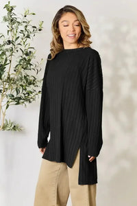 Basic Bae Full Size Ribbed Round Neck Long Sleeve Slit Top - Update AvenueT-ShirtsTrendsi100101987145667100101987145667431f19e3c73c41a4b88144df54b65db4 - MaxBlack