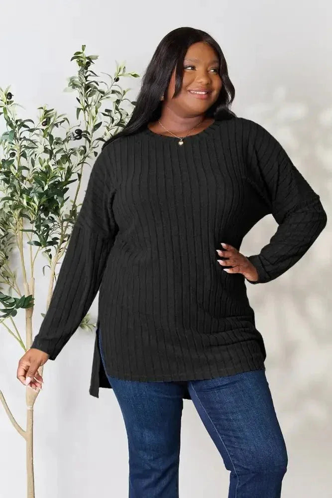 Basic Bae Full Size Ribbed Round Neck Long Sleeve Slit Top - Update AvenueT-ShirtsTrendsi1001019871456671001019871456670c9b31fb4a8e4a959385b2310de75438 - MaxBlack