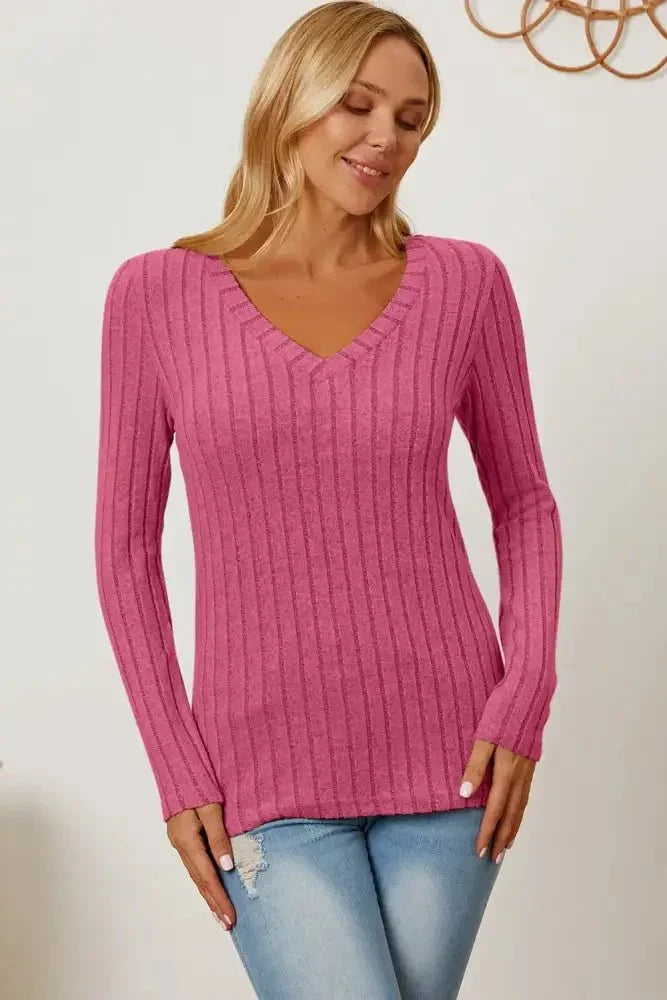 Basic Bae Full Size Ribbed V - Neck Long Sleeve T-Shirt - Update AvenueT-ShirtsTrendsi100101792184551100101792184551d17de90e - 10ad - 453c - 853a - b7e147a2d355 - MaxHot Pink