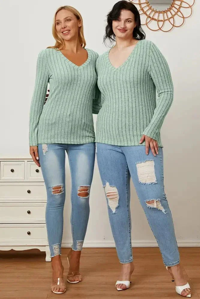 Basic Bae Full Size Ribbed V - Neck Long Sleeve T-Shirt - Update AvenueT-ShirtsTrendsi100101792185703100101792185703e3dfce35 - 405e - 4d6c - 84df - a1ccfaa34ecb - MaxLight Green