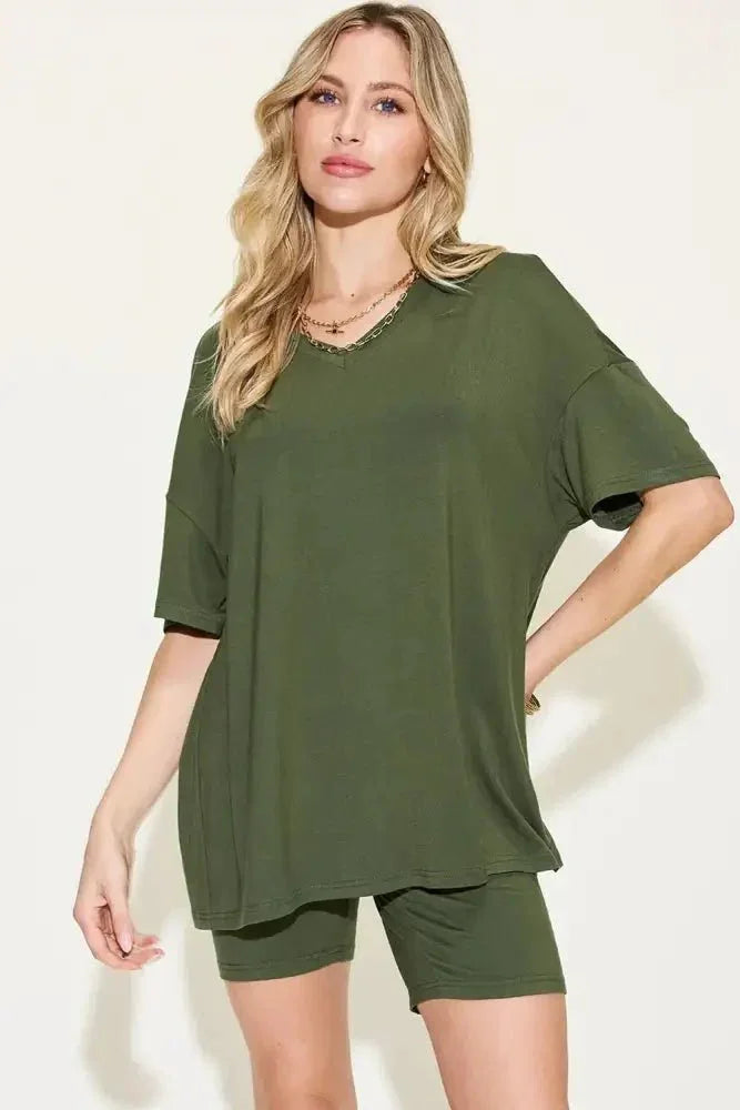 Basic Bae Full Size V - Neck Drop Shoulder T-Shirt and Shorts Set - Update AvenueDaily EssentialsTrendsi100100951111961100100951111961ccc70cfd - 117a - 4588 - 9c2b - c585d97b1b1b - MaxMatcha Green