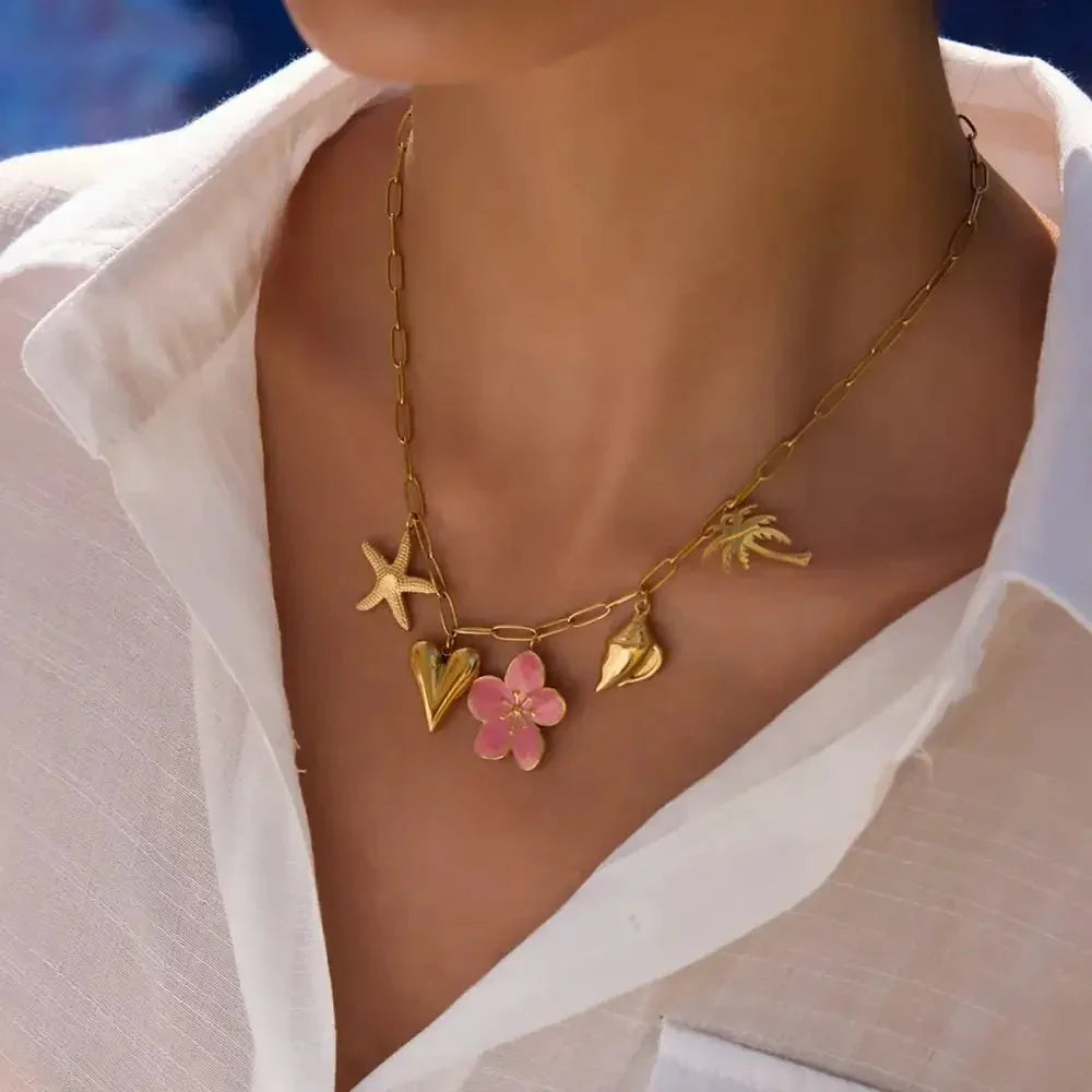 Beach Theme Pendant Necklace with Resin Flower - Update AvenueNecklacesTrendsi100500996071987100500996071987Beach Theme Pendant Necklace with Resin FlowerGold