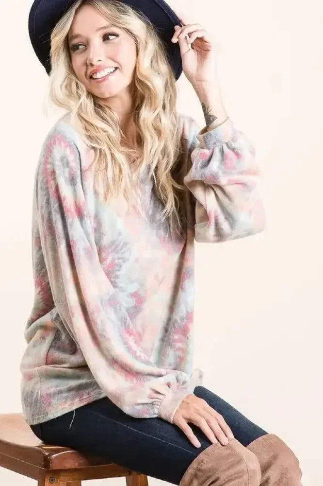 BiBi Brushed Tie Dye Print Top with Puff Sleeves - Update AvenueT-ShirtsTrendsi100100572881755100100572881755076d450cc83d4a81a1a430a793f3b766 - Max - OriginTIE DYE