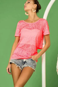 BiBi Burn Out Knit Top with Back Double Twist Detail - Update AvenueT-ShirtsTrendsi1001002493011271001002493011271f176f1f015542a795088e348485c141 - Max - OriginNEON PINK