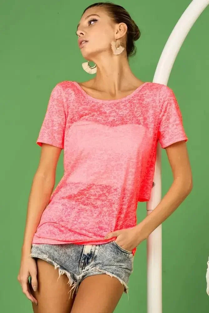 BiBi Burn Out Knit Top with Back Double Twist Detail - Update AvenueT-ShirtsTrendsi10010024930112710010024930112747c1b9567aff42829c6f23c5ca270650 - Max - OriginNEON PINK