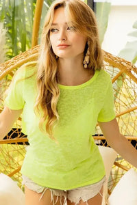 BiBi Burn Out Knit Top with Back Double Twist Detail - Update AvenueT-ShirtsTrendsi100100739061996100100739061996ba553d2736cb424b90ce5b4a9dcfbd6a - Max - OriginNEON YELLOW
