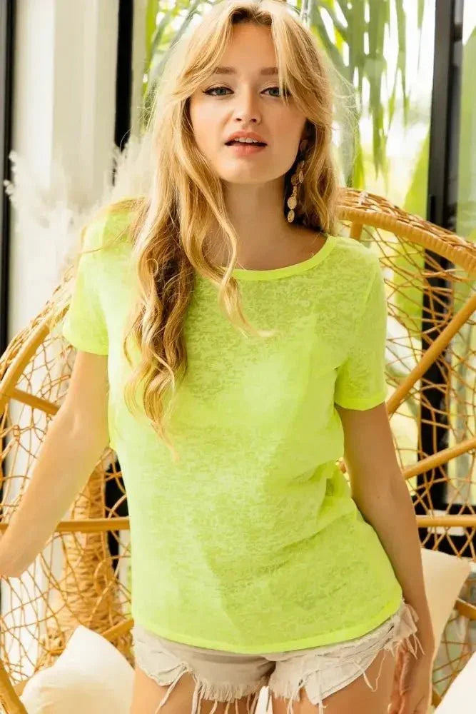 BiBi Burn Out Knit Top with Back Double Twist Detail - Update AvenueT-ShirtsTrendsi100100739061996100100739061996beee69f315914abdb543abc281788a13 - Max - OriginNEON YELLOW