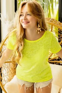 BiBi Burn Out Knit Top with Back Double Twist Detail - Update AvenueT-ShirtsTrendsi10010073906199610010073906199662d0ce39759b4ccea814e959346a3eae - Max - OriginNEON YELLOW