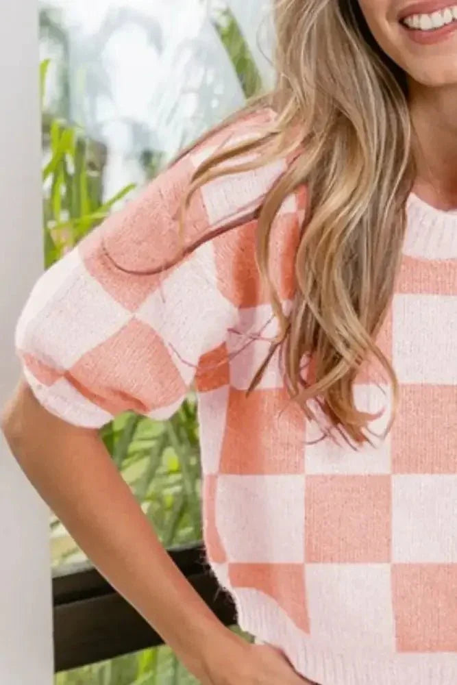 BiBi Check Pattern Short Puff Sleeve Sweater Top - Update AvenueTrendsi1001005530813451001005530813453c6a8a86 - 1e0a - 4f87 - bad2 - 6142ec6b3aa8 - Max - OriginIVORY/CORAL PINK