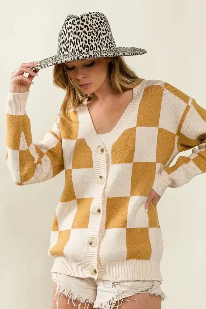 BiBi Checked V - neck Cardigan - Update AvenueTrendsi1001005967319341001005967319342a6498d6e3a840aab50acef432c6bdbb - Max - OriginIVORY/CAMEL