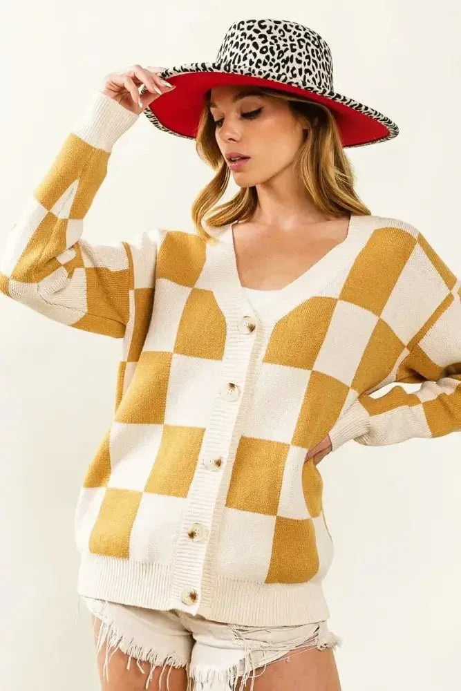 BiBi Checked V - neck Cardigan - Update AvenueTrendsi100100596731934100100596731934f269fd341776491fbe9c03ce594f36df - Max - OriginIVORY/CAMEL