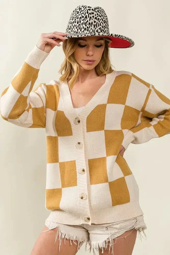 BiBi Checked V - neck Cardigan - Update AvenueTrendsi1001005967319341001005967319348b3f67365c9740bca0dc664eaddc9fa6 - Max - OriginIVORY/CAMEL