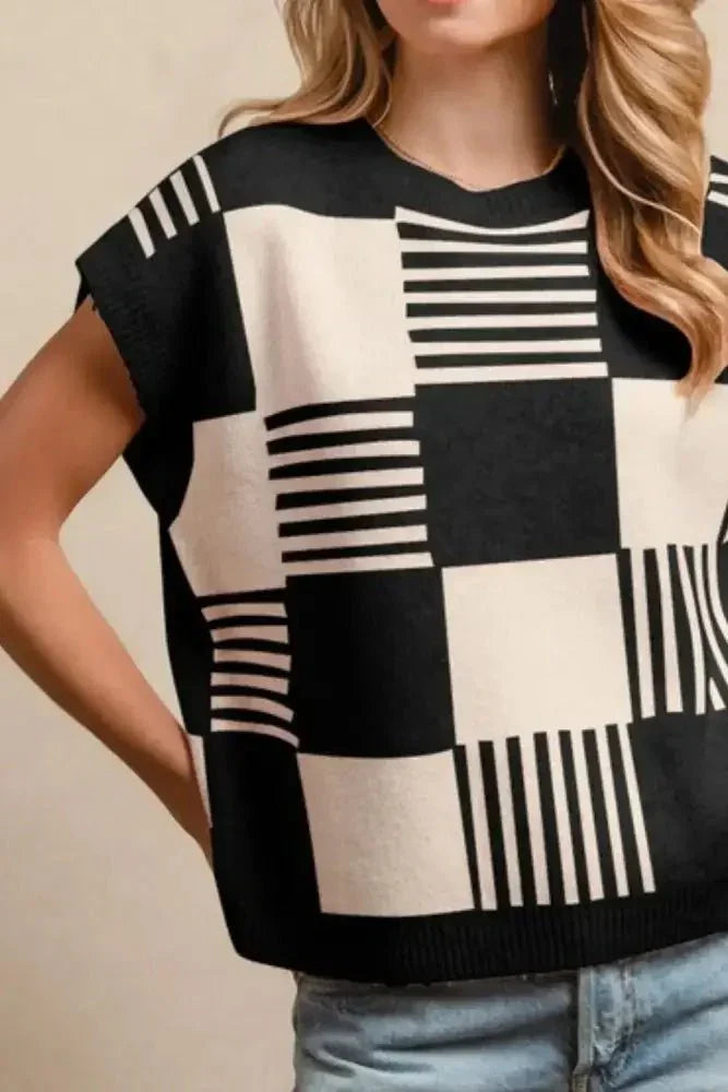 BiBi Checker With Stripes Pattern Sleeveless Sweater - Update AvenueTrendsi1001001726716771001001726716771a8f1558 - 1e87 - 4c56 - bb0b - 47a66245a275 - Max - OriginBLACK/IVORY