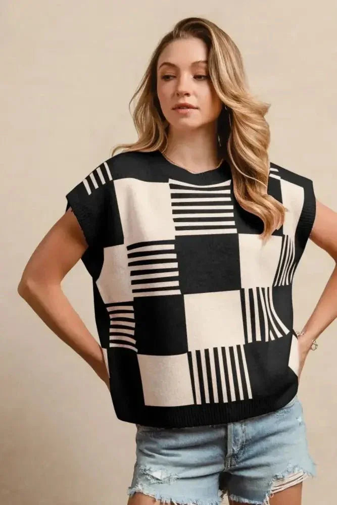 BiBi Checker With Stripes Pattern Sleeveless Sweater - Update AvenueTrendsi100100172671677100100172671677eef69363 - cb24 - 49fb - a052 - c2e53e022d07 - Max - OriginBLACK/IVORY