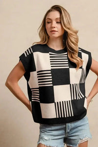 BiBi Checker With Stripes Pattern Sleeveless Sweater - Update AvenueTrendsi100100172671677100100172671677eef69363 - cb24 - 49fb - a052 - c2e53e022d07 - Max - OriginBLACK/IVORY